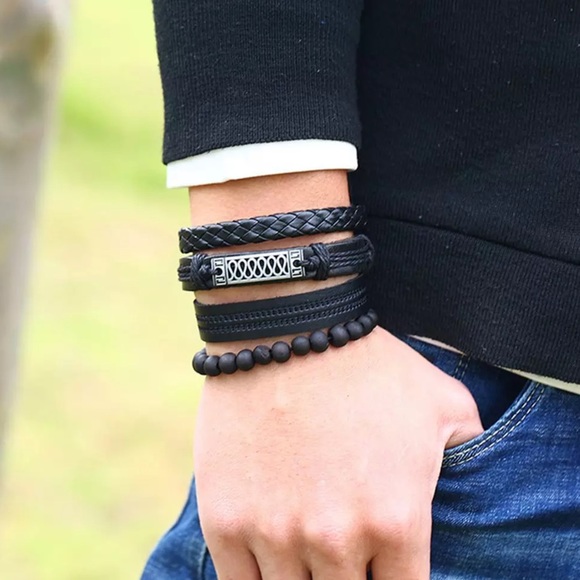 Men’s Genuine Leather Layered Bracelet - Picture 4 of 4